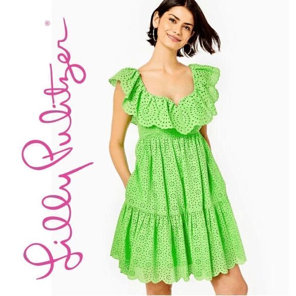 💚 NWT LILLY PULITZER Asteria Eyelet Babydoll Dress w/Pockets SIZE 4 MSRP $238 - Picture 1 of 16